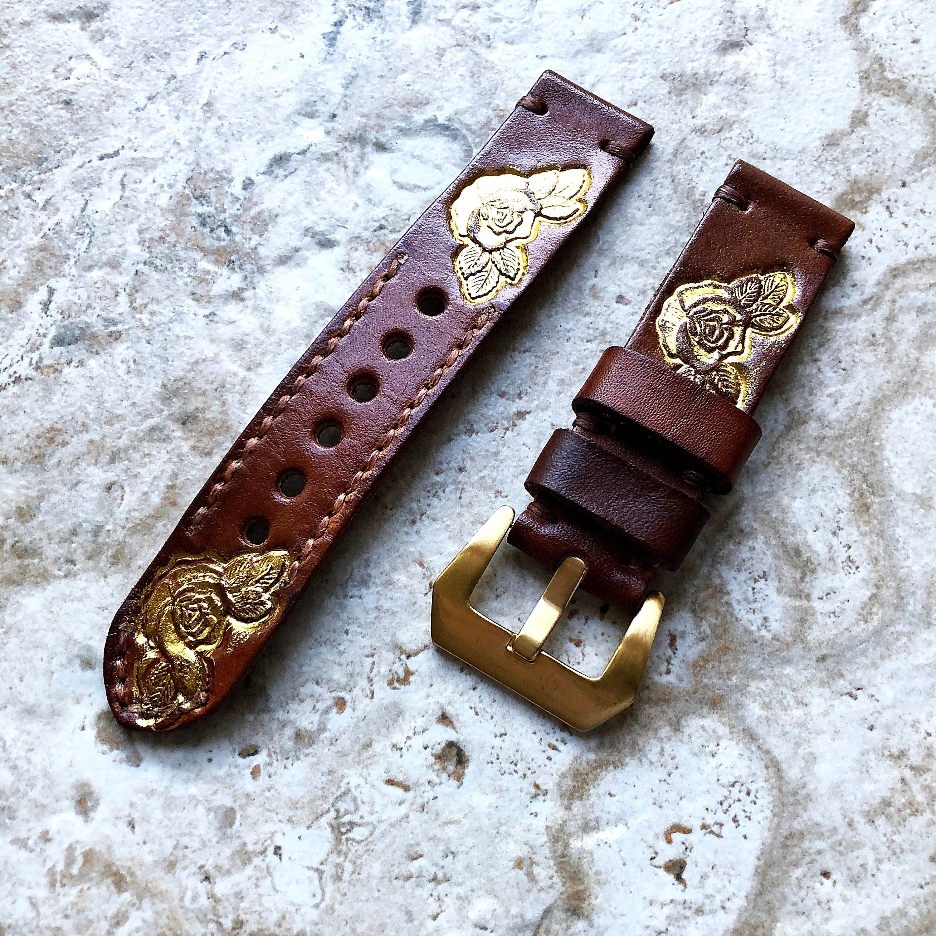 Rose and Leafs Band 22mm 24mm 25mm Compatible with Apple Watch Fitbit Versa 2 3 4 Sense 2 Ionic Accented Embossed Leather Handmade Strap
